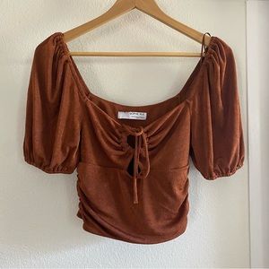 NEW Sophie Rue Ruched Puff Sleeve Crop Top Keyhole size XS Cinnamon Shimmer
